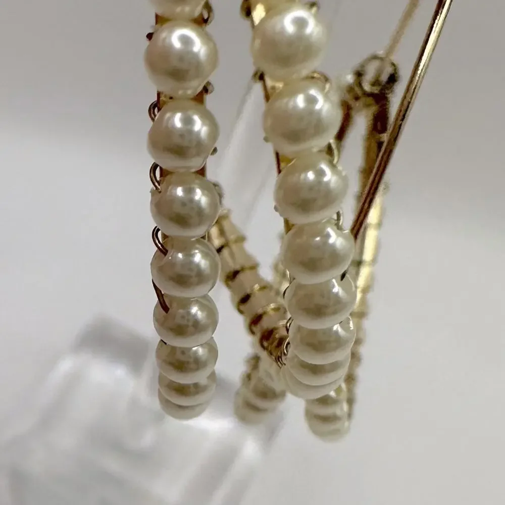 Everri Statement Pearl Gold tone Drop Hoop Earrings NWT